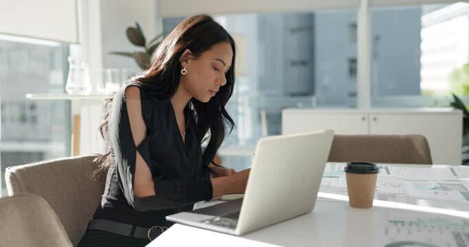 Woman in office with laptop, market research and notes for social media review, business feedback or planning. Thinking, search and businesswoman networking online for startup, website and report.