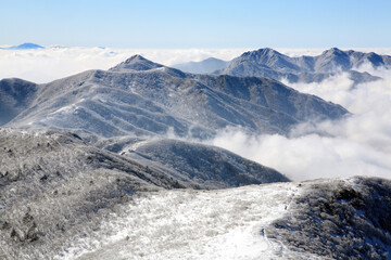 a winter mountain with clouds