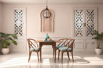 Arabic, Islamic style interior. Rattan chair, table and arabic pattern in window with shadow. pastel color wall