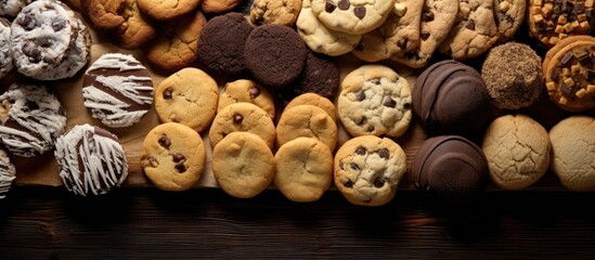 From a top view, a delectable spread of homemade sweets and pastries adorned the baking sheet mouthwatering chocolate chip cookies, irresistible pastries, and other baked treats, each a testament to - Powered by Adobe