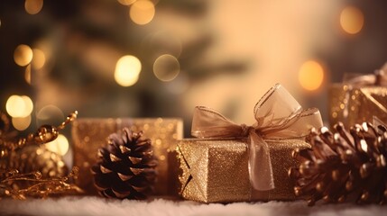Fototapeta na wymiar close up on Christmas gifts with pinecones and bokeh golden blurred lights at the background, closeup on Christmas presents, new year festive wallpaper background banner with copy space for text