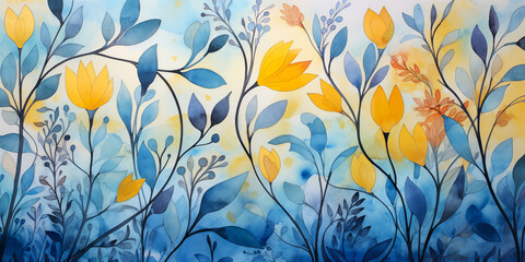 Gold flowers, delicate blue leaves art. Navy, yellow floral illustration of full frame multicolored background for winter, summer, or spring field. Ornamental garland plants in wildflower garden