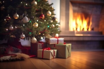 Fototapeta na wymiar gifts under the christmas tree, chimney at the background, cozy living room with wooden floor, close up on present boxes for christmas and new year