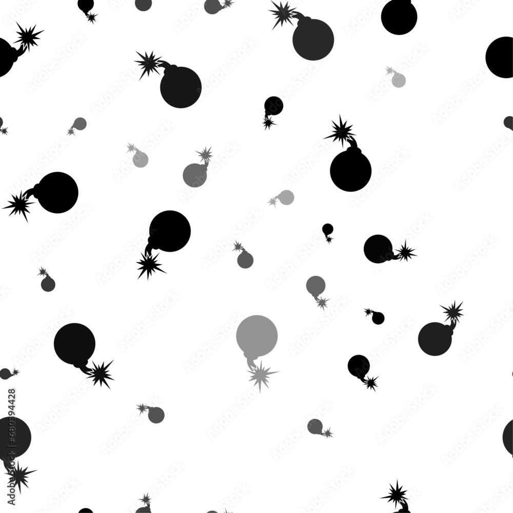 Poster seamless vector pattern with bomb symbols, creating a creative monochrome background with rotated el