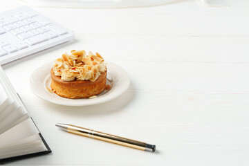 Close up of tartlet with almond petals