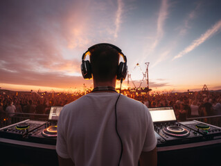 DJ facing sunset crowd at an open-air music festival. Generative AI