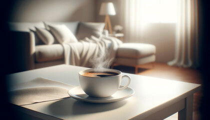 Fototapeta na wymiar Warm coffee cup on table with cozy home interior. Generative AI