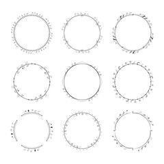 Set Abstract Black Collection Simple Line Round Circle With Leaf Leaves Frame Flowers Doodle Outline Element Vector Design Style Sketch Isolated Illustration For Wedding And Banner