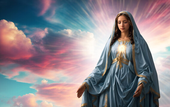 Blessed Virgin Mary in a vivid colorful sky background. Religious conceptual theme with copy space.