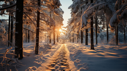 Landscape photos of beautiful road through winter pine forest trees with white snow in December of Arctic circle country. Generative AI - obrazy, fototapety, plakaty