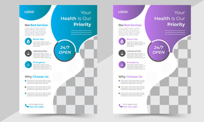 Medical/ Health Care flyer template design, space for photo background, a bundle of 2 templates of different colors a4 size.
