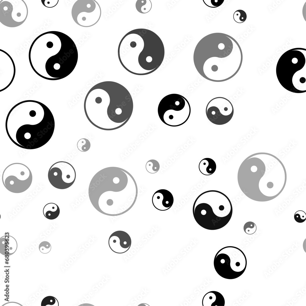 Poster seamless vector pattern with yin yang symbols, creating a creative monochrome background with rotate