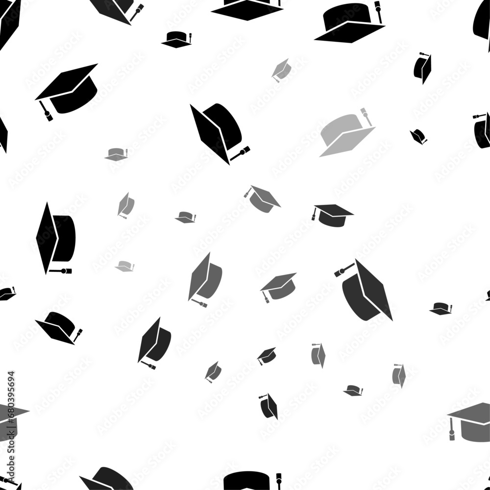 Poster seamless vector pattern with square academic cap symbols, creating a creative monochrome background 