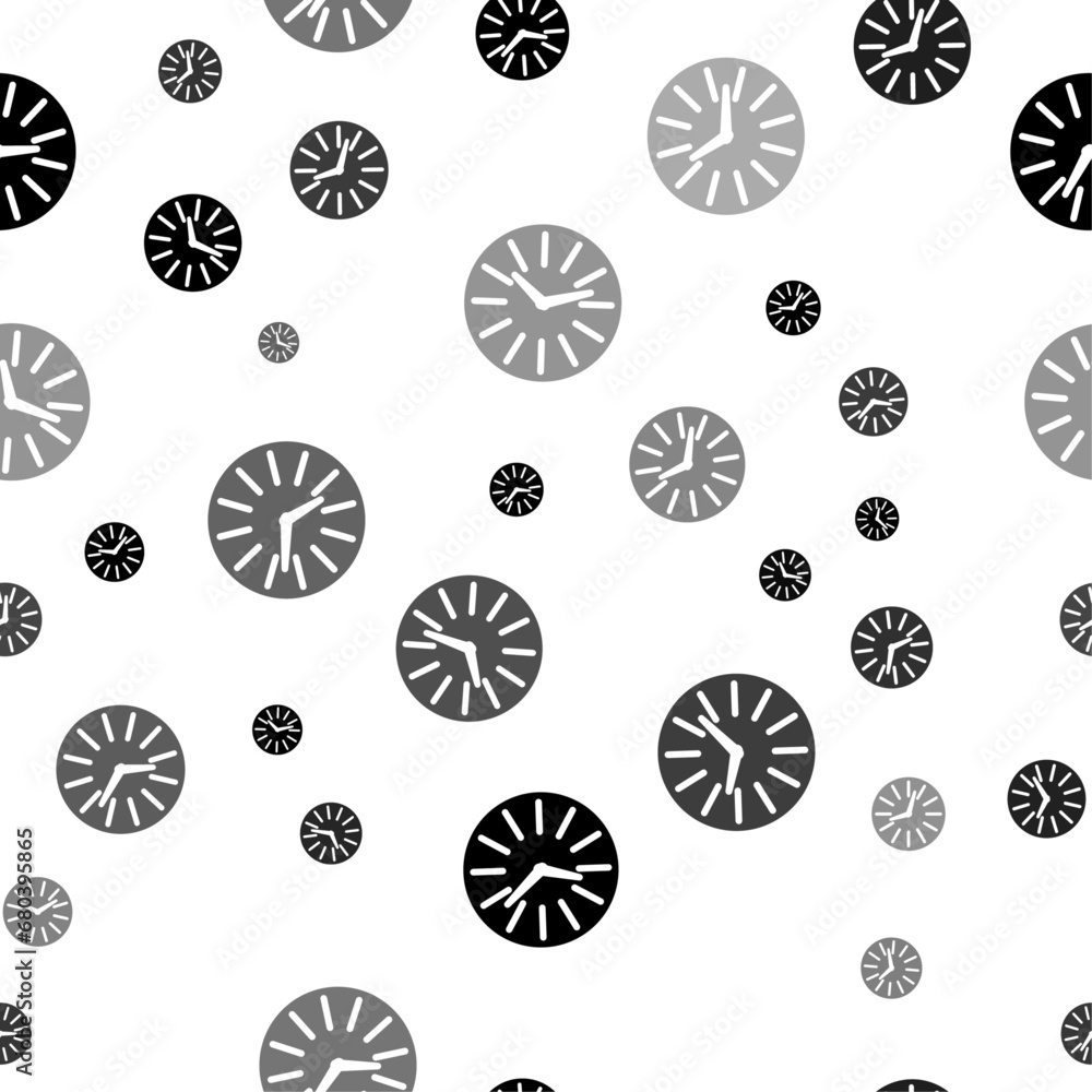 Poster seamless vector pattern with clock symbols, creating a creative monochrome background with rotated e