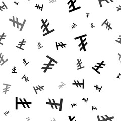 Seamless vector pattern with tugrik symbols, creating a creative monochrome background with rotated elements. Vector illustration on white background