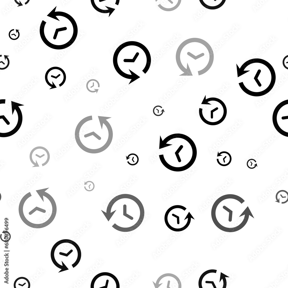 Poster seamless vector pattern with time back symbols, creating a creative monochrome background with rotat