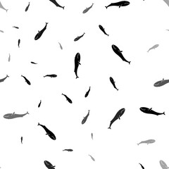 Seamless vector pattern with whale symbols, creating a creative monochrome background with rotated elements. Vector illustration on white background