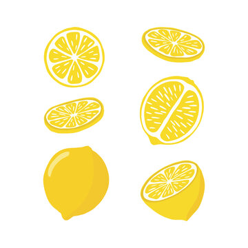 Lemons are bright in a flat style. A set of lemons in different sections, half, whole, highlighted on a white background.