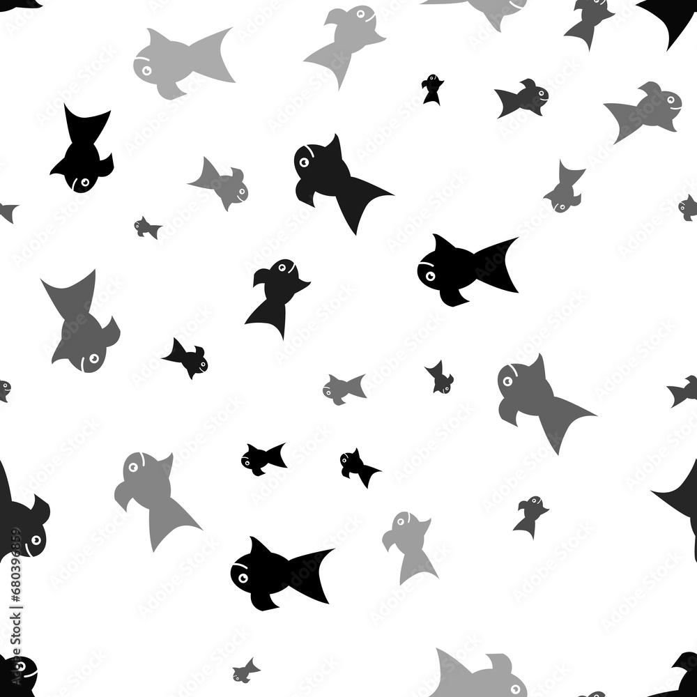 Poster seamless vector pattern with gold fish symbols, creating a creative monochrome background with rotat
