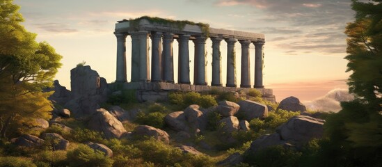 In the midst of the serene landscape stood an old granite structure, adorned with ancient columns that towered above, a revered outdoor landmark with engraved granite columns that have withstood the - obrazy, fototapety, plakaty