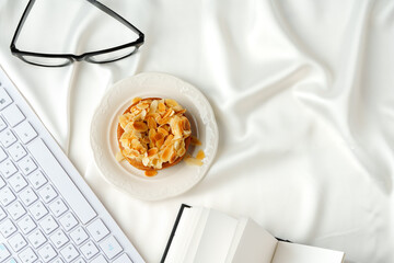 Close up of tartlet with almond petals