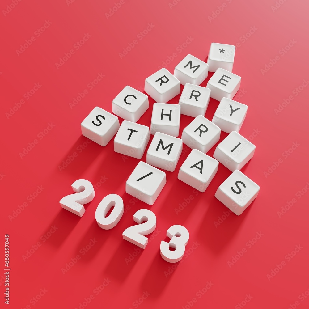 Poster christmas tree symbol made by white color computer keys cap on red color background. minimal christm