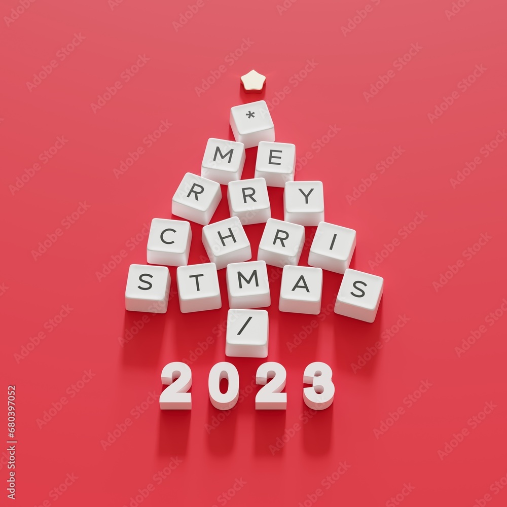 Poster christmas tree symbol made by white computer keys cap on red color background. minimal happy new yea