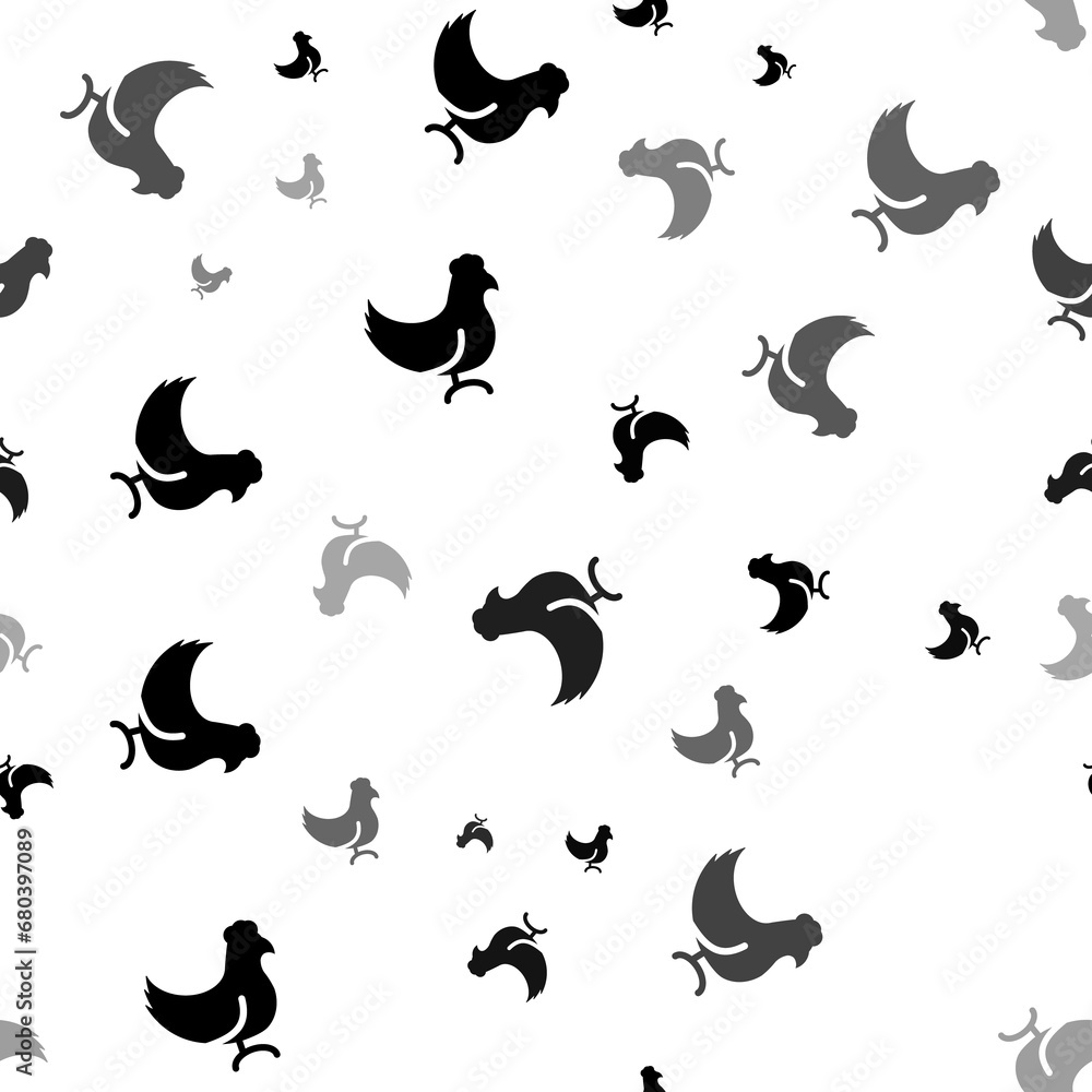 Poster Seamless vector pattern with chicken symbols, creating a creative monochrome background with rotated elements. Illustration on transparent background