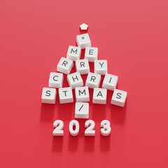 Christmas Tree Symbol made by White Computer keys cap on Red color background. Minimal Happy new years idea concept flat lay. 3D Rendering - 680397052