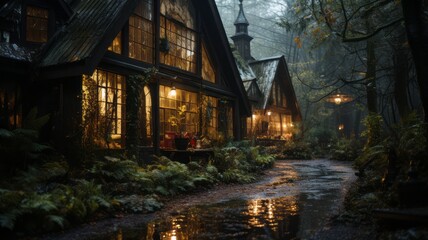 An illuminated house in dark foggy night nature