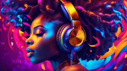 African woman wearing headphones, enjoying music flow, feeling emotions in vibrant color vibes