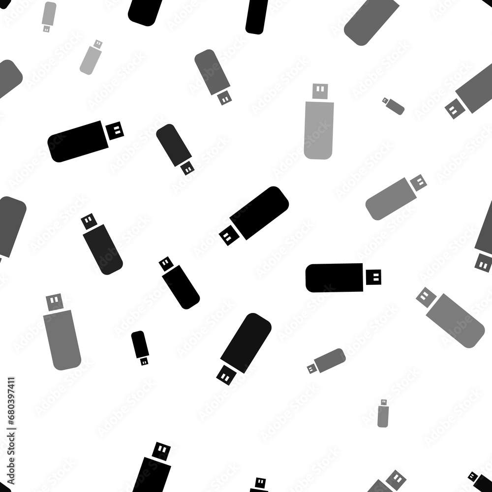 Poster seamless vector pattern with flash drives, creating a creative monochrome background with rotated el