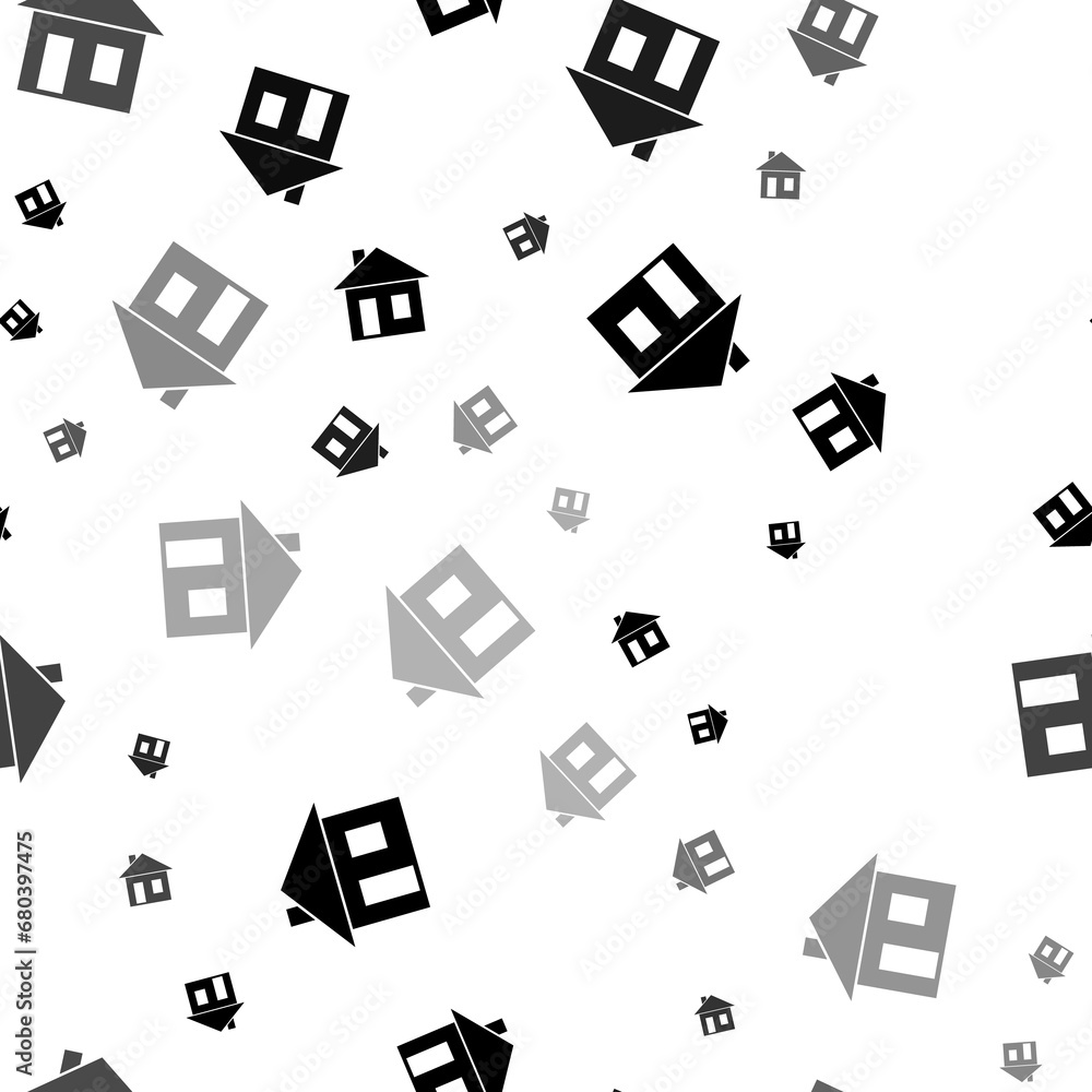 Poster seamless vector pattern with house symbols, creating a creative monochrome background with rotated e