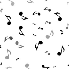 Seamless vector pattern with musical note symbols, creating a creative monochrome background with rotated elements. Illustration on transparent background