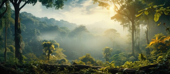 Fototapeta premium In the early morning light, the mist gently enveloped the landscape, revealing a mesmerizing scene of a tropical forest with towering green trees adorned with vibrant yellow foliage, creating a