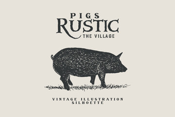 Pig illustration vector design with writing. textured pig silhouette.