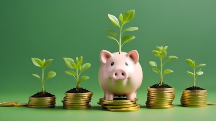 Smiling pink pig piggy bank, a stack of gold coins and a green plant growing, isolated on green background. Investment success, savings concept