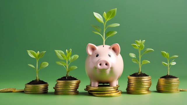 Smiling pink pig piggy bank, a stack of gold coins and a green plant growing, isolated on green background. Investment success, savings concept