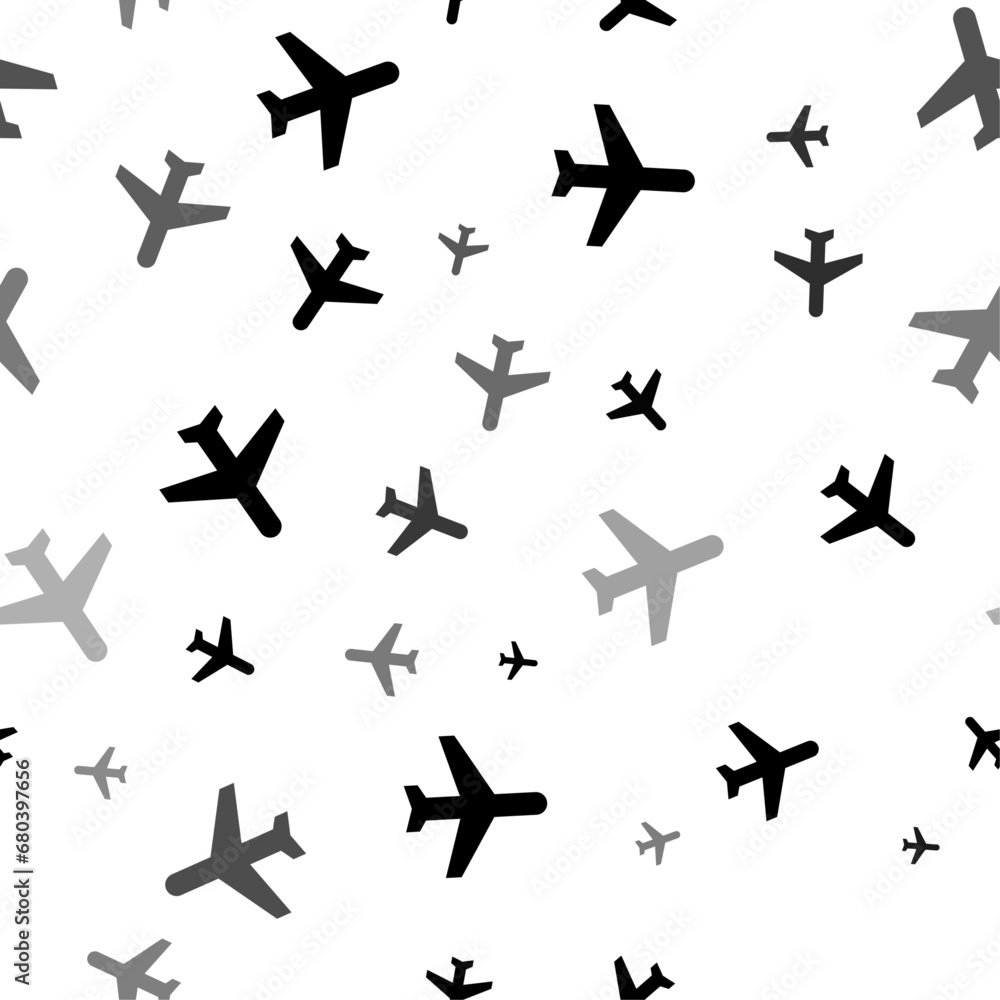 Poster seamless vector pattern with plane symbols, creating a creative monochrome background with rotated e