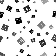 Seamless vector pattern with gift box with a question symbols, creating a creative monochrome background with rotated elements. Vector illustration on white background