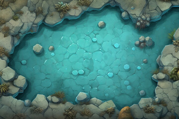 Top-down, illustrated asset of an ocean floor with sparse coral, game background setting, material texture