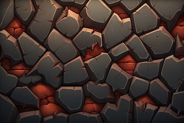 Illustrated asset of a stone wall with hot lava rocks coming through, game background setting, material texture