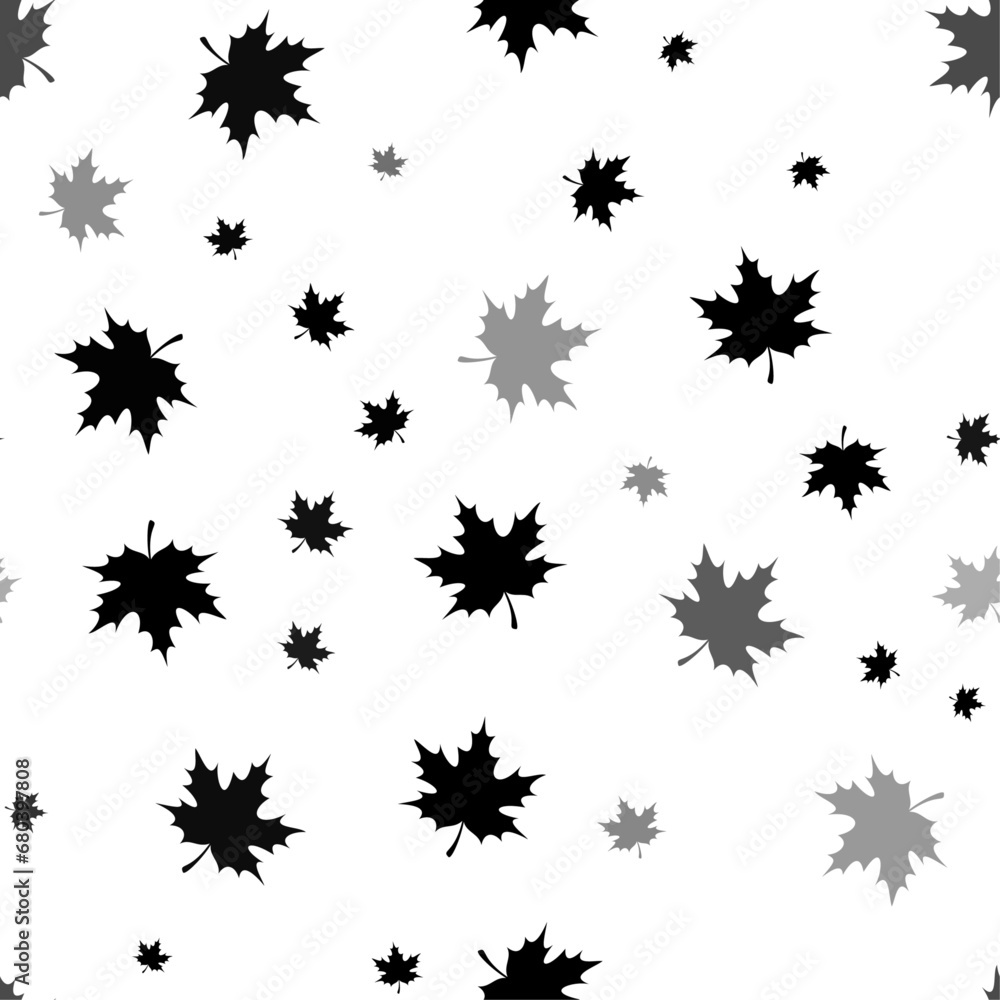 Poster seamless vector pattern with maple leafs, creating a creative monochrome background with rotated ele