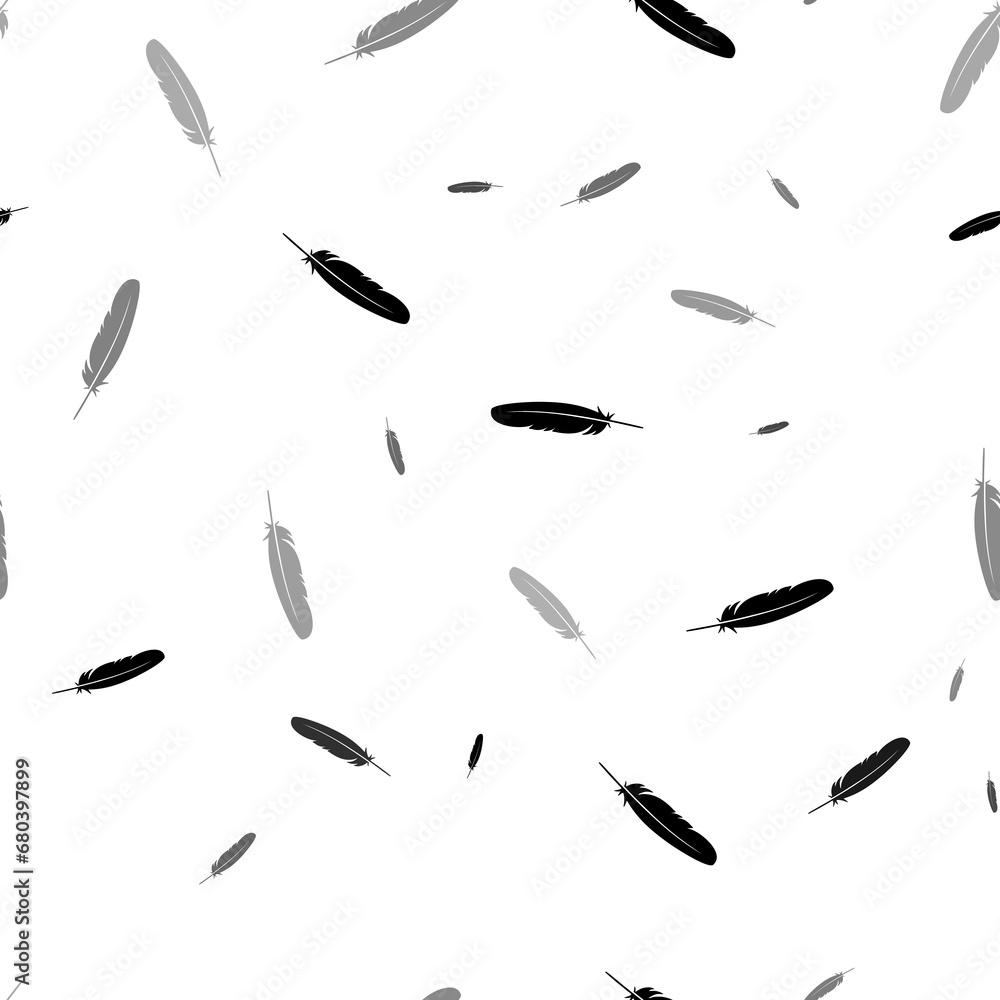 Poster seamless vector pattern with feather symbols, creating a creative monochrome background with rotated
