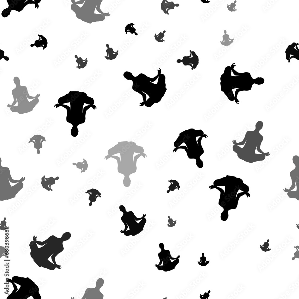 Poster seamless vector pattern with yoga symbols, creating a creative monochrome background with rotated el