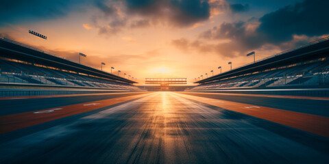 F1 race track circuit road with motion blur and grandstand stadium for Formula One racing - obrazy, fototapety, plakaty