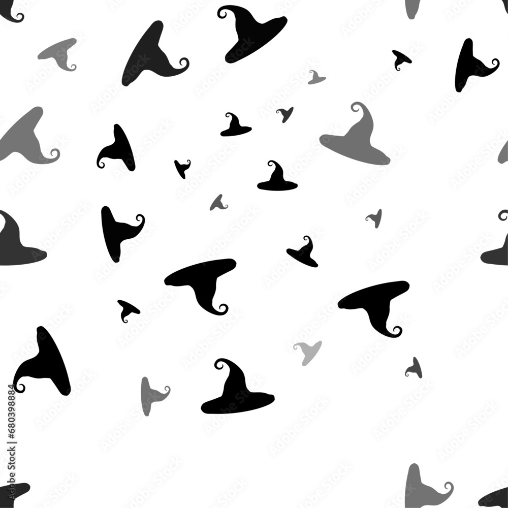 Poster seamless vector pattern with witch hat symbols, creating a creative monochrome background with rotat