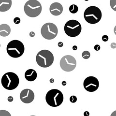 Seamless vector pattern with time symbols, creating a creative monochrome background with rotated elements. Vector illustration on white background