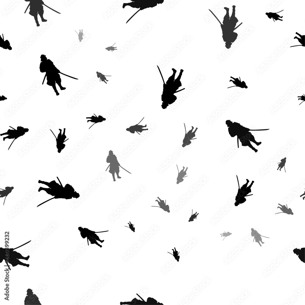 Poster seamless vector pattern with samurai symbols, creating a creative monochrome background with rotated