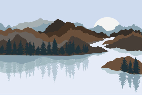 The river is surrounded by mountains and coniferous forests. Vector image of a mountain landscape.